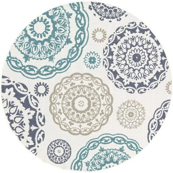 Mark&Day Outdoor Rugs, 7ft Round Ethan Cottage Indoor/Outdoor Teal Area Rug, Non Shedding Blue Grey Carpet for Patio, Porch, Deck, Bedroom, Living Room or Kitchen (7'3" Round)