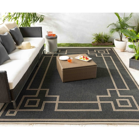 Mark&Day Outdoor Rugs, 7x10 Natalie Cottage Indoor/Outdoor Black/Camel Area Rug, Non Shedding Black Brown Carpet for Patio, Porch, Deck, Bedroom, Living Room or Kitchen (7'3" x 10'6")