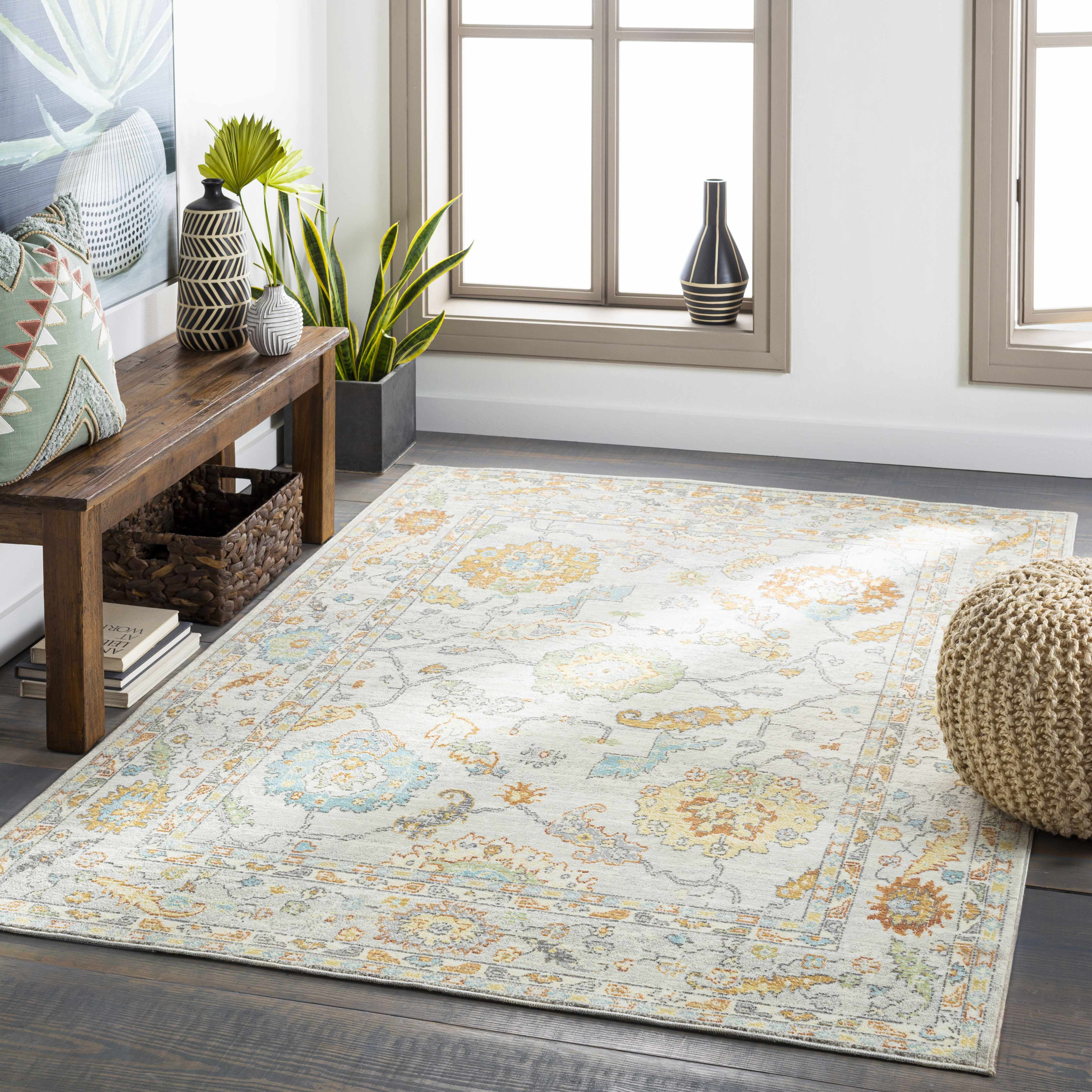 Gryon Traditional Bright Yellow and Gray Hand-knotted Synthetic Rug