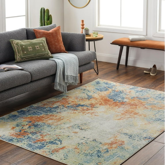 Mark&Day Outdoor Rugs, 7x9 Rippey Modern Abstract Marble Indoor/Outdoor Burnt Orange Area Rug, Non Shedding Ivory Blue Carpet for Patio, Porch, Deck, Bedroom, Living Room or Kitchen (6'11" x 9')