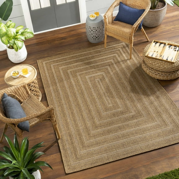 Mark&Day Outdoor Rugs, 8ft Round Rishard Modern Indoor/Outdoor Brown/Tan Area Rug, Non Shedding Brown Carpet for Patio, Porch, Deck, Bedroom, Living Room or Kitchen (7'10" Round)