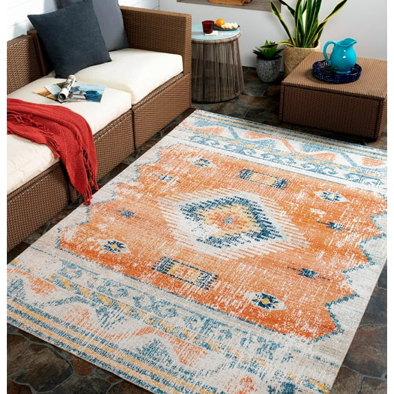 Mark&Day Outdoor Rugs, 8x10 Buffalo Grove Global Indoor/Outdoor Burnt Orange Area Rug, Non Shedding Pink Rust Navy Tan Carpet for Patio, Porch, Deck, Bedroom, Living Room or Kitchen (7'10" x 10')
