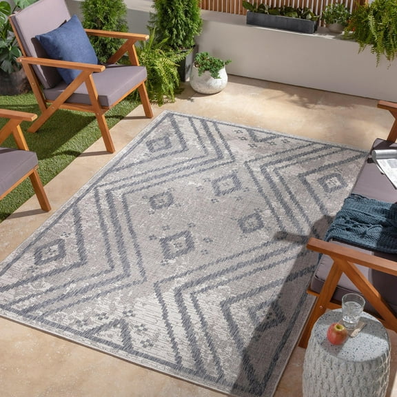 Mark&Day Outdoor Rugs, 8x10 Janesville Global Indoor/Outdoor Navy Area Rug, Non Shedding Blue Grey Cream Carpet for Patio, Porch, Deck, Bedroom, Living Room or Kitchen (7'10" x 10')