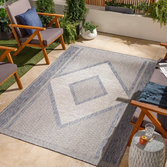 Mark&Day Outdoor Rugs, 8x10 Keokuk Rustic Indoor/Outdoor Dark Blue Area Rug, Non Shedding Grey Blue Cream Carpet for Patio, Porch, Deck, Bedroom, Living Room or Kitchen (7'10" x 10')