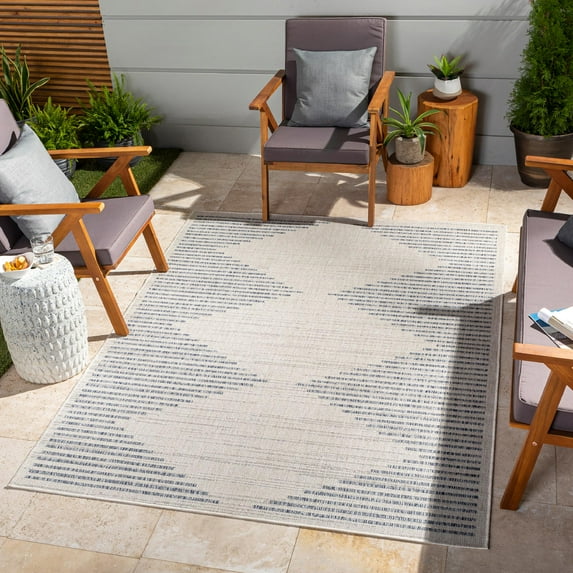 Mark&Day Outdoor Rugs, 8x10 Klemme Global Indoor/Outdoor Dark Blue Area Rug, Non Shedding Blue Grey Carpet for Patio, Porch, Deck, Bedroom, Living Room or Kitchen (7'10" x 10')