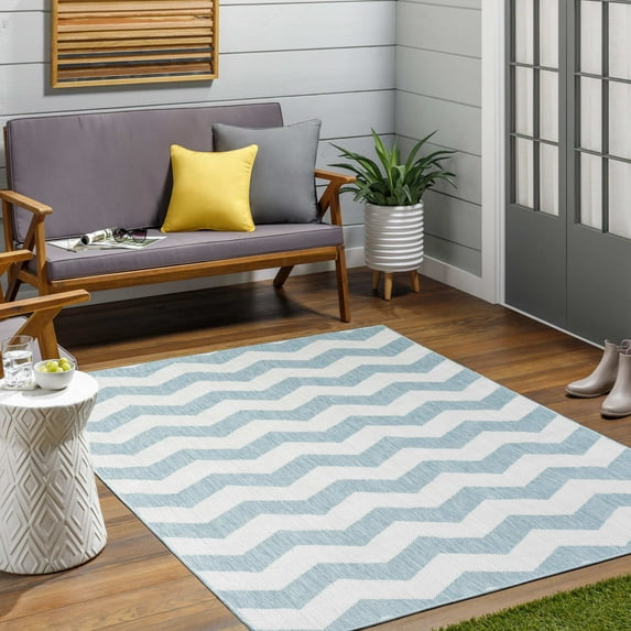 Mark&Day Outdoor Rugs, 8x10 Spring Global Indoor/Outdoor Sky Blue/Ivory Area Rug, Non Shedding Blue Ivory Carpet for Patio, Porch, Deck, Bedroom, Living Room or Kitchen (7'10" x 10')