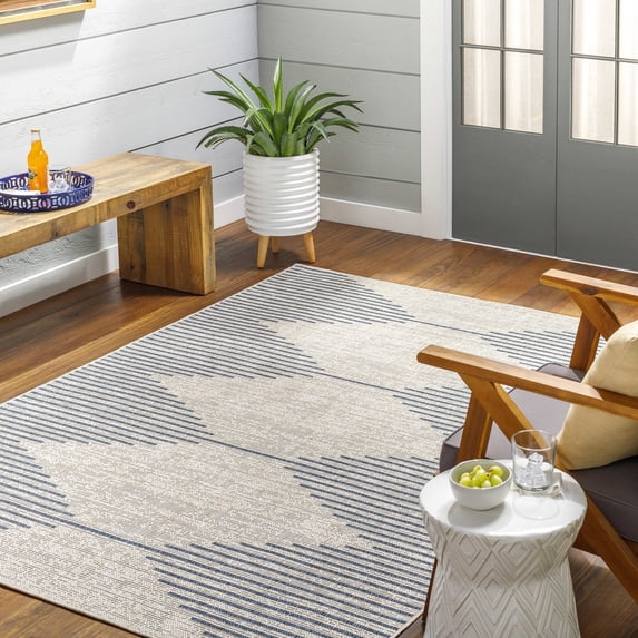Mark&Day Outdoor Rugs, 8x8 Okswerd Global Indoor/Outdoor Navy/Gray Square Area Rug, Non Shedding Blue Grey Carpet for Patio, Porch, Deck, Bedroom, Living Room or Kitchen (7'10" Square)
