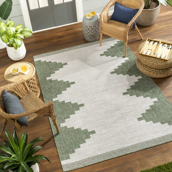 Mark&Day Outdoor Rugs, 9x12 Wolfheze Global Indoor/Outdoor Olive/Gray Area Rug, Non Shedding Green Grey Carpet for Patio, Porch, Deck, Bedroom, Living Room or Kitchen (8'10" x 12')