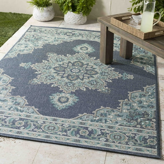 Mark&Day Outdoor Rugs, 9x9 Lyla Traditional Indoor/Outdoor Charcoal Square Area Rug, Non Shedding Grey Turquoise Carpet for Patio, Porch, Deck, Bedroom, Living Room or Kitchen (8'10" Square)