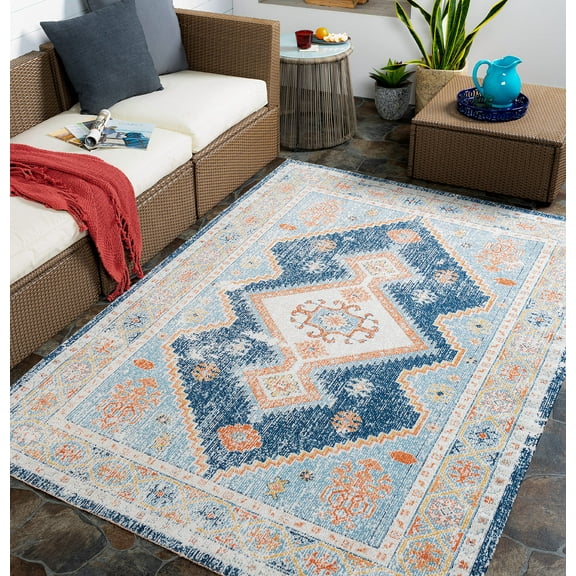 Mark&Day Outdoor Rugs, 5x7 Bone Gap Global Indoor/Outdoor Denim Area Rug, Non Shedding Blue Orange White Carpet for Patio, Porch, Deck, Bedroom, Living Room or Kitchen (5'3" x 7')