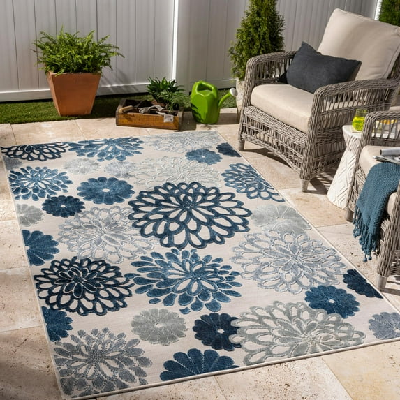 Mark&Day Outdoor Rugs, 6x9 Ekron Cottage Indoor/Outdoor Dark Blue Area Rug, Non Shedding Blue Beige Carpet for Patio, Porch, Deck, Bedroom, Living Room or Kitchen (6'5" x 9')