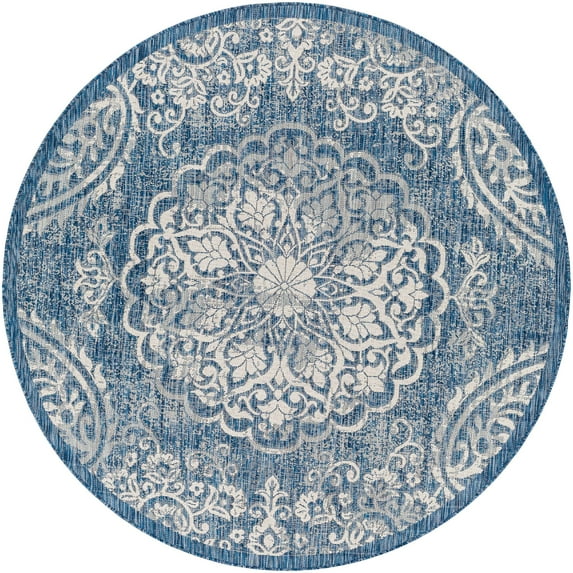 Mark&Day Outdoor Rugs, 7ft Round Honderd Traditional Indoor/Outdoor Denim Area Rug, Non Shedding Blue Grey White Carpet for Patio, Porch, Deck, Bedroom, Living Room or Kitchen (6'7" Round)
