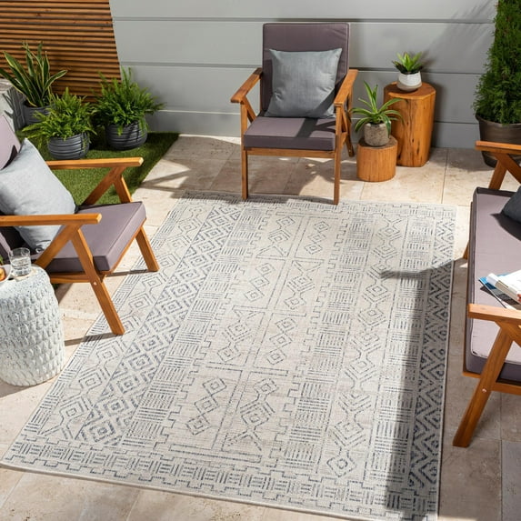 Mark&Day Outdoor Rugs, 9x12 Latimer Global Indoor/Outdoor Beige Area Rug, Non Shedding Beige Grey Carpet for Patio, Porch, Deck, Bedroom, Living Room or Kitchen (8'10" x 12')