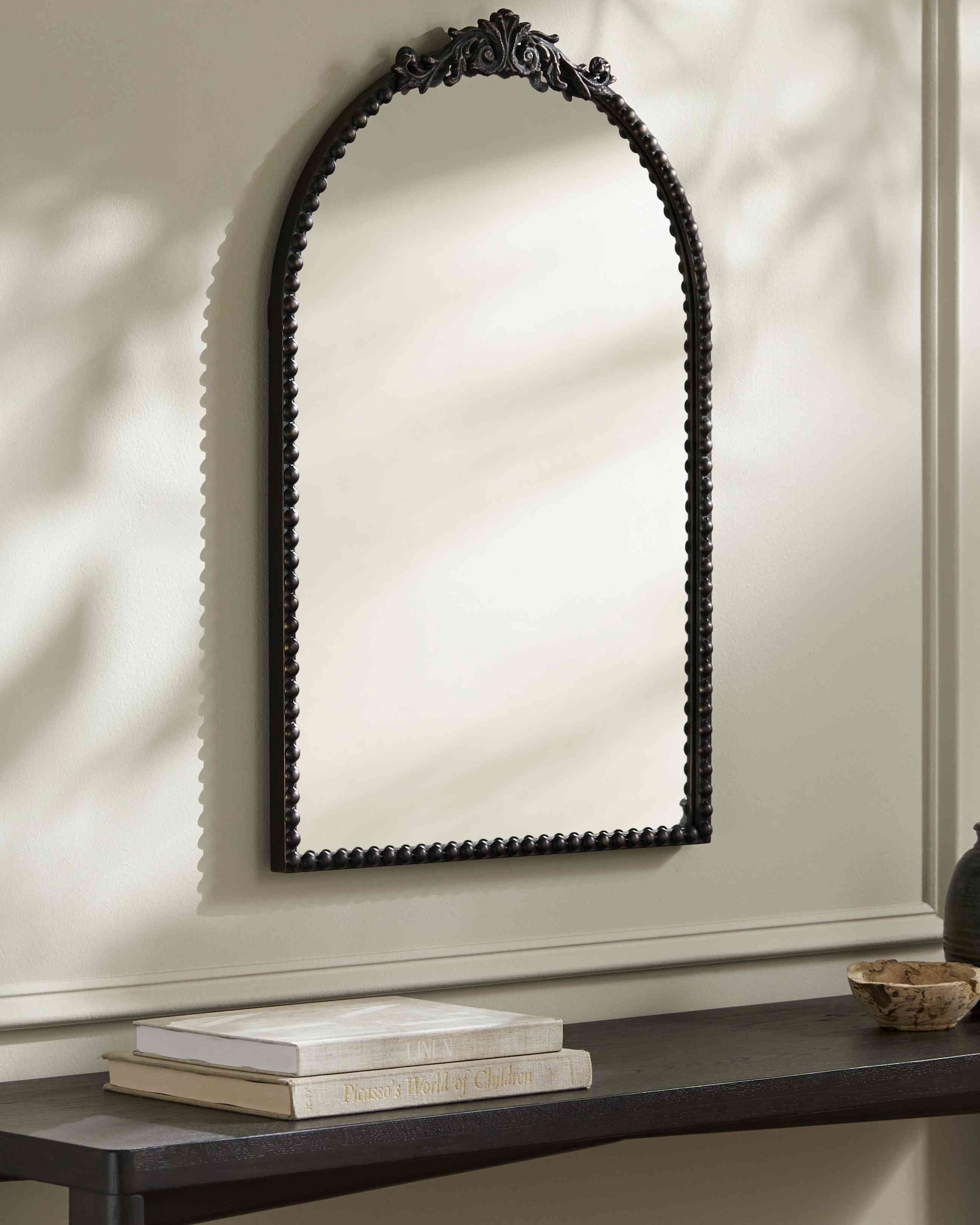 Black Wrought Iron Rectangular Wall Mirror with Ornate Arch Design