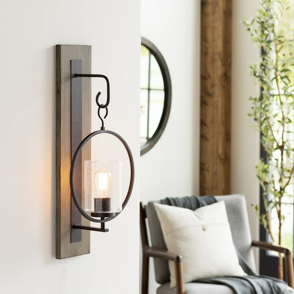 Mark&Day Wall Sconces, Bergland Global Brown 1-Light Plug-in or Hardwire Wall Sconce Lighting for Bedroom Hallway Kitchen, Hand Finished Seeded Glass Wall Lamp, Bulb not Included (28"H x 12"W x 8"D)