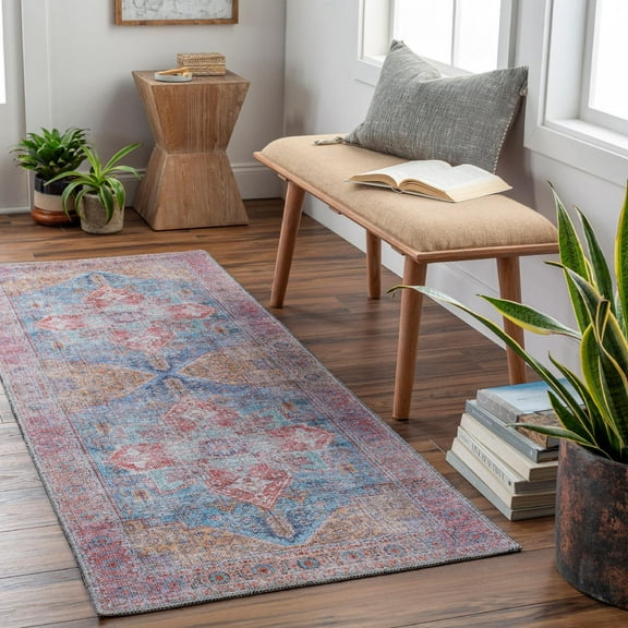 Mark&Day Washable Rugs, 3x10 Komi Traditional Dark Blue Runner Area Rug, Blue Red Grey Carpet for Hallway, Kitchen, Bedroom or Living Room (2'7" x 10' Runner, Machine Washable)