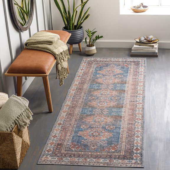 Mark&Day Washable Rugs, 3x10 McCordsville Traditional Coral Runner Area Rug, Pink Blue Carpet for Hallway, Kitchen, Bedroom or Living Room (2'7" x 10' Runner, Machine Washable)