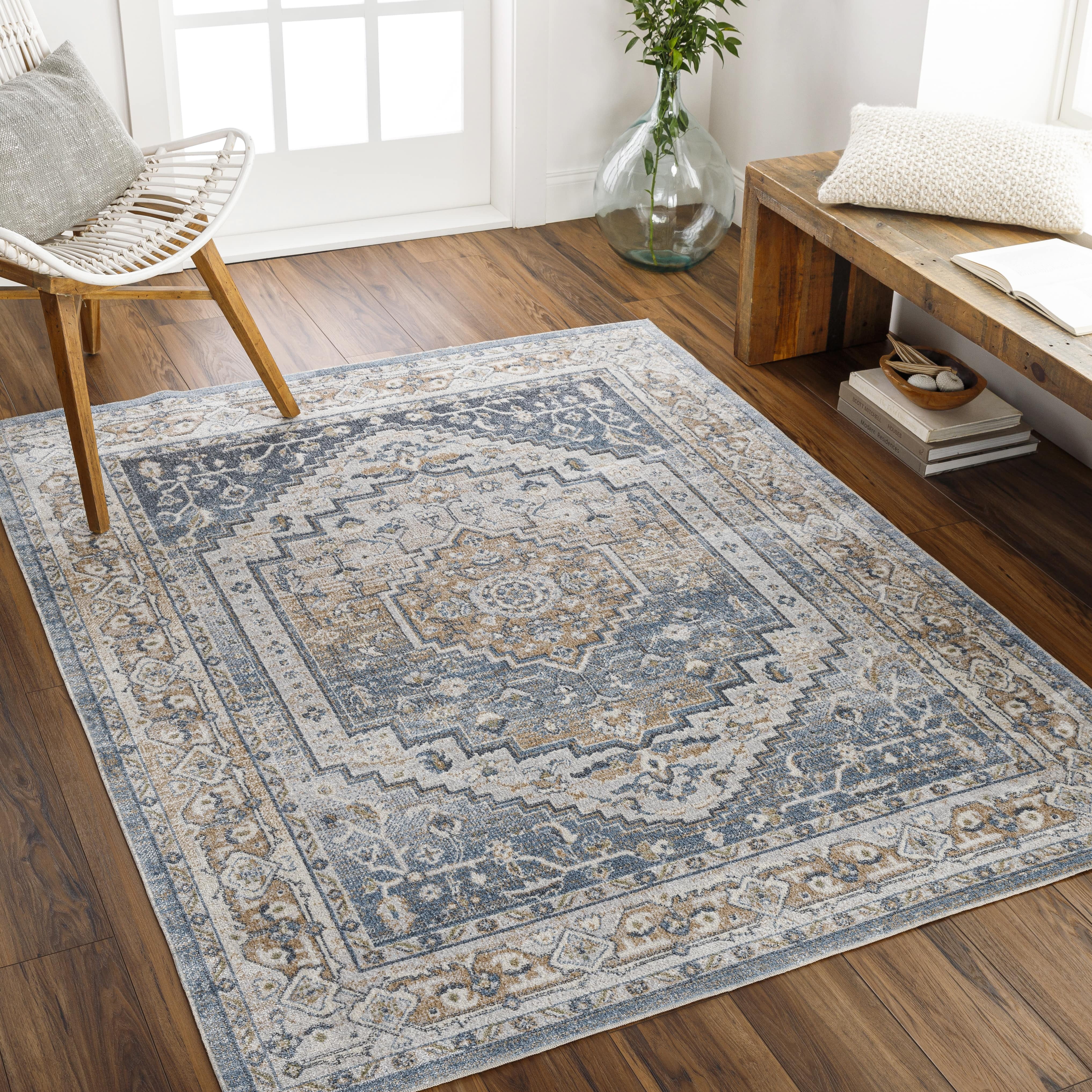 Emmett Navy Blue and Beige Wool 2' x 3' Washable Area Rug