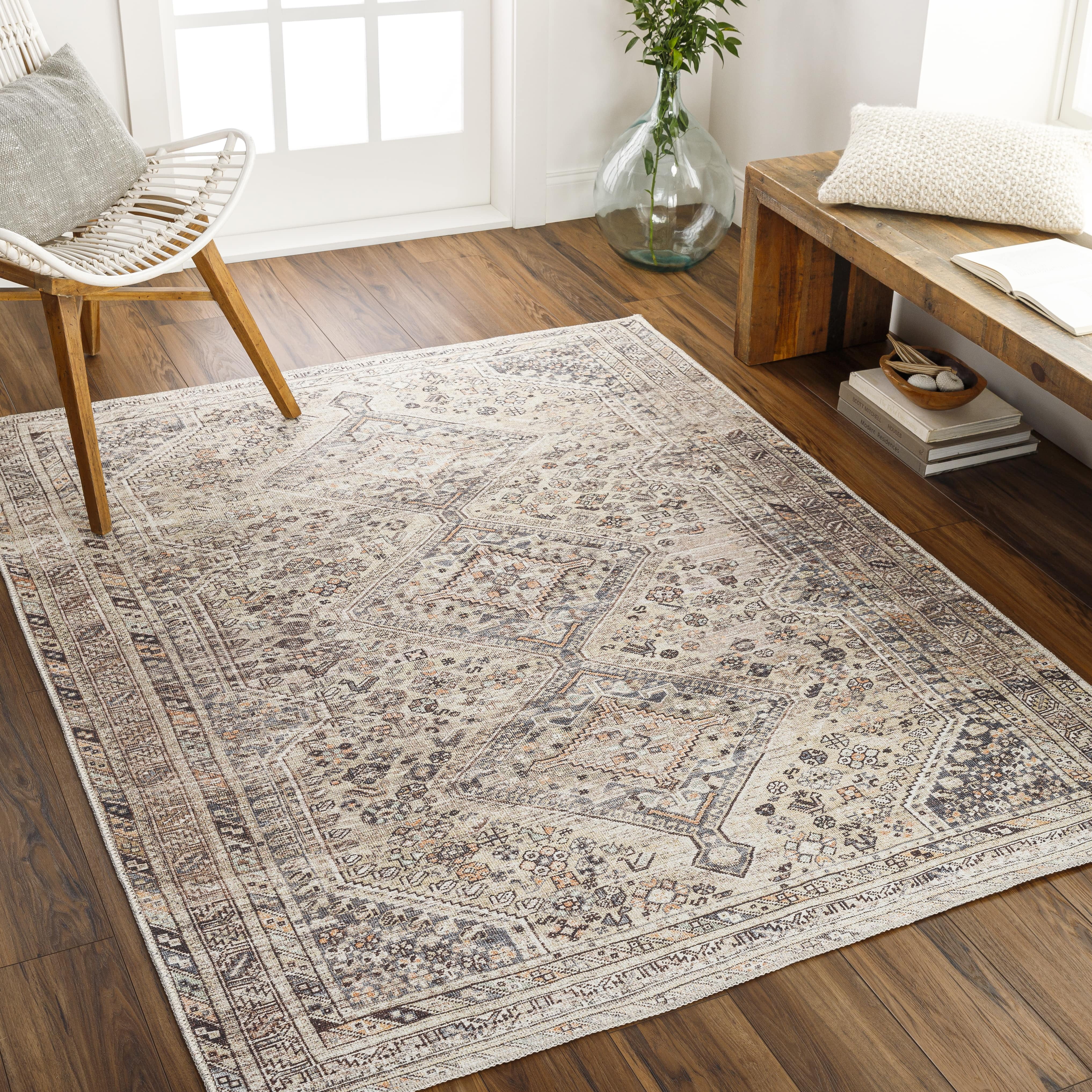 Tonganoxie Beige Chenille Wool Traditional Washable Area Rug, 2' x 2'11"