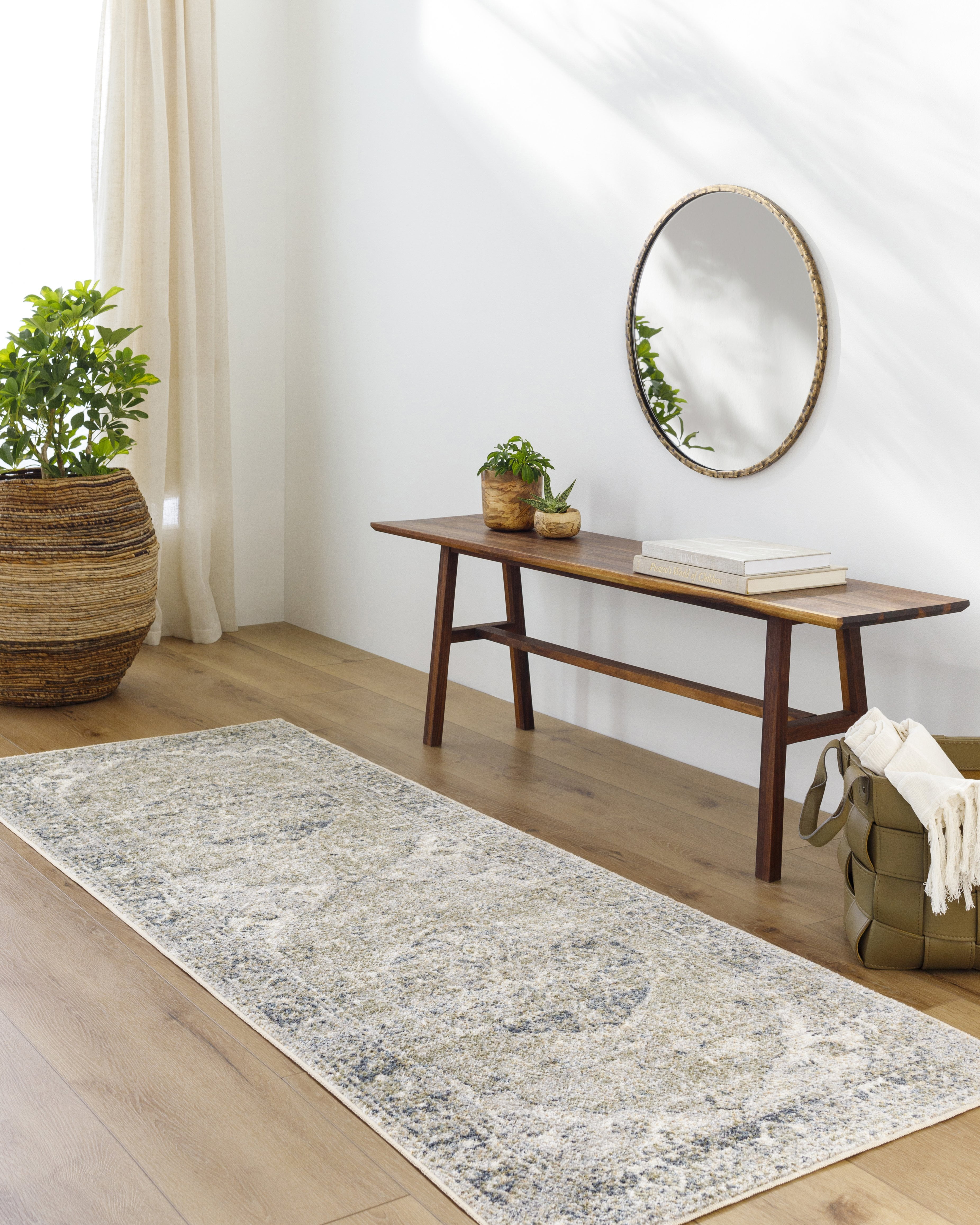Light Sage Wool and Fur Washable Rectangular Runner Rug