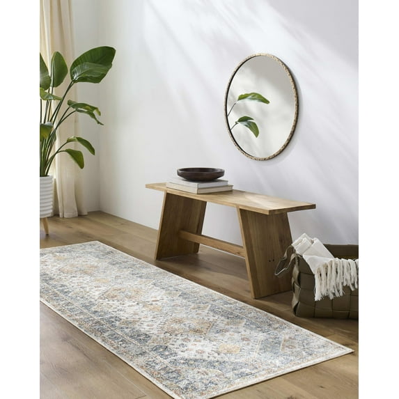 Mark&Day Washable Rugs, 3x7 Elmdale Traditional Denim Runner Area Rug, Oatmeal Gray Dark Blue Carpet for Hallway, Kitchen, Bedroom or Living Room (2'7" x 7'3" Runner,Machine Washable)
