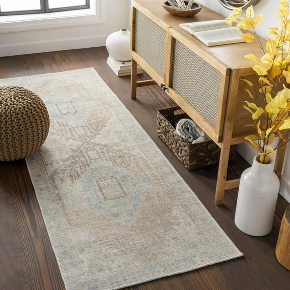 Mark&Day Washable Rugs, 3x7 Oak Lawn Traditional Tan Runner Area Rug, Blue Beige Brown Carpet for Hallway, Kitchen, Bedroom or Living Room (2'7" x 7'3" Runner, Machine Washable)
