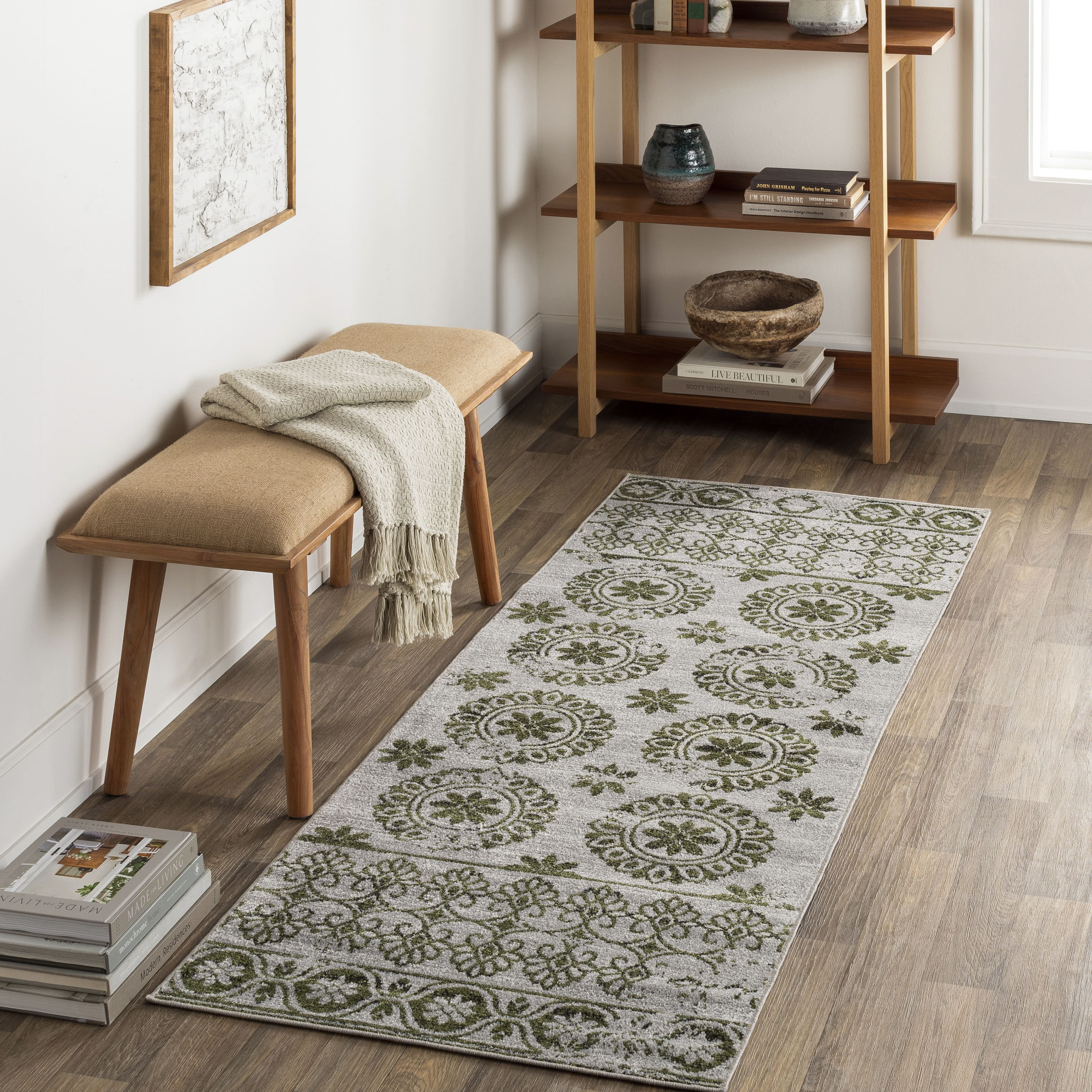 William Sage Green and Gray Washable Polyester Runner Rug
