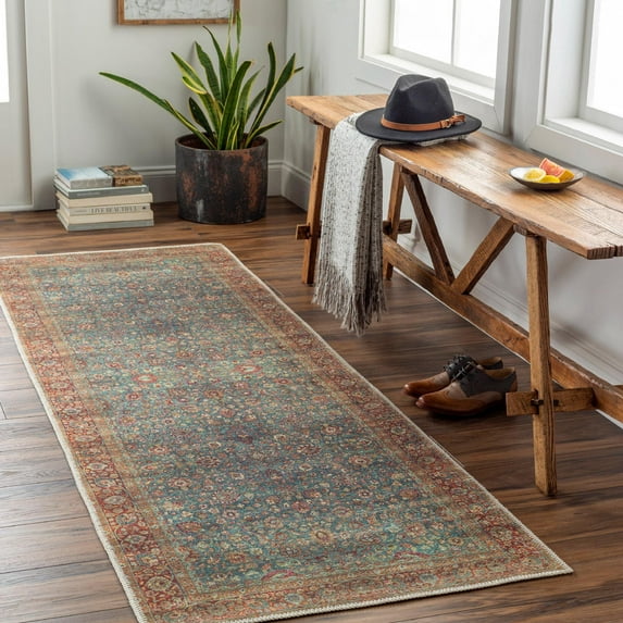 Mark&Day Washable Rugs, 3x8 Agridaki Traditional Sage Runner Area Rug, Green Red Carpet for Hallway, Kitchen, Bedroom or Living Room (2'7" x 7'10" Runner, Machine Washable)