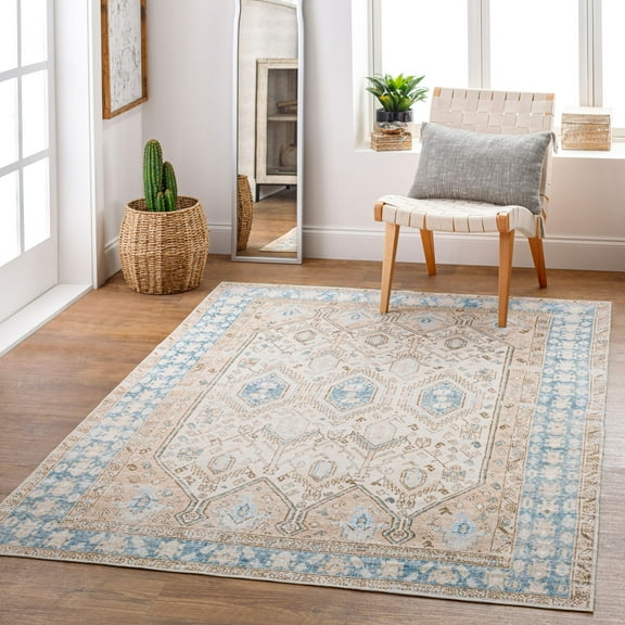 Mark&Day Washable Rugs, 4x6 Summitville Traditional Beige Area Rug, Beige Blue Cream Carpet for Living Room, Bedroom or Kitchen (4' x 6', Machine Washable)