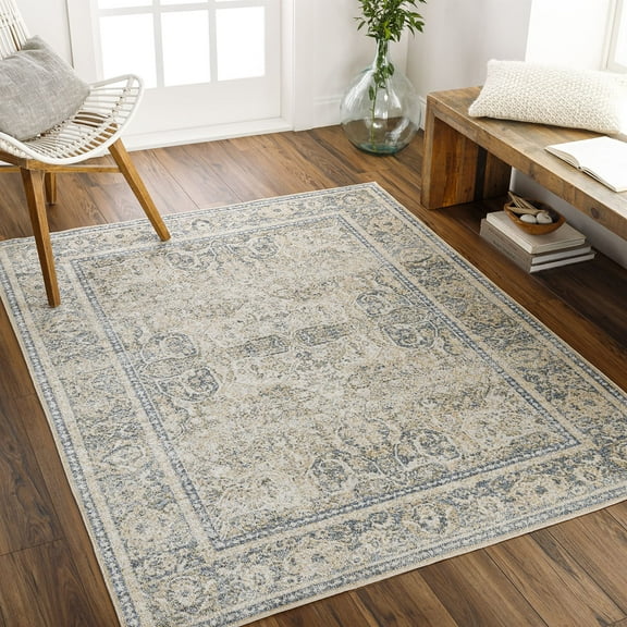 Mark&Day Washable Rugs, 5x7 East Traditional Light Gold Area Rug, Gold Blue Beige Carpet for Living Room, Bedroom or Kitchen (5'3" x 7', Machine Washable)