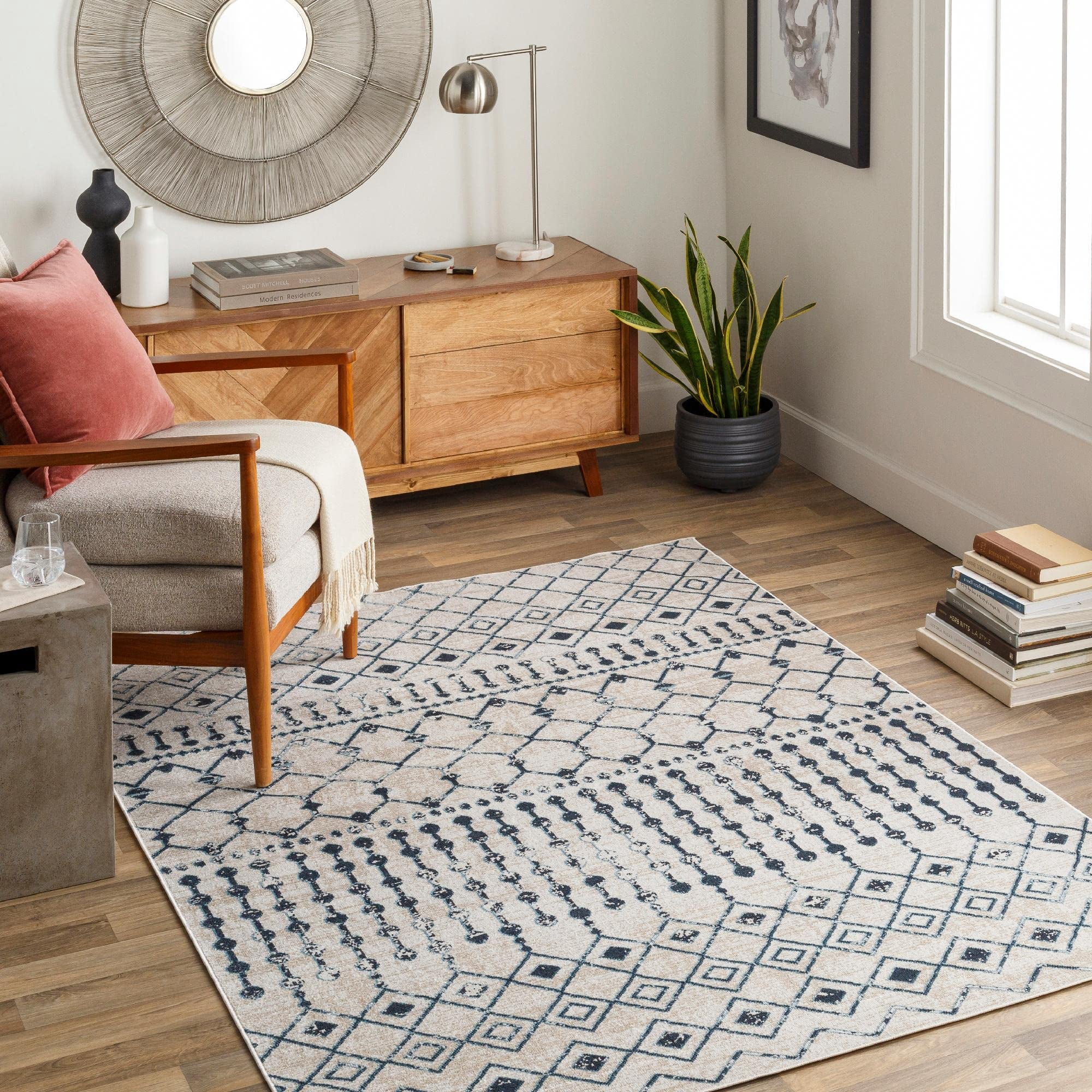 Mark&Day Washable Rugs, 5x7 Mary Global Ink Blue Area Rug, Blue Beige ...