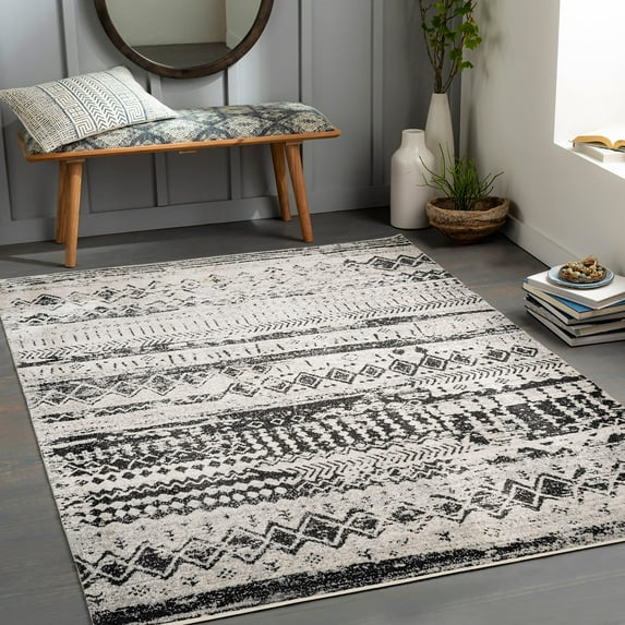 Mark&Day Washable Rugs, 5x7 Matt Global Beige Area Rug, Black Beige Carpet for Living Room, Bedroom or Kitchen (5'3" x 7', Machine Washable)