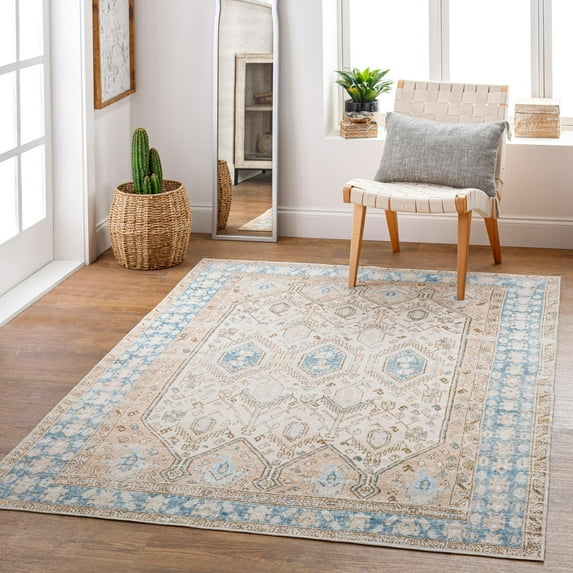 Mark&Day Washable Rugs, 5x7 Summitville Traditional Beige Area Rug, Beige Blue Carpet for Living Room, Bedroom or Kitchen (5' x 7'6", Machine Washable)