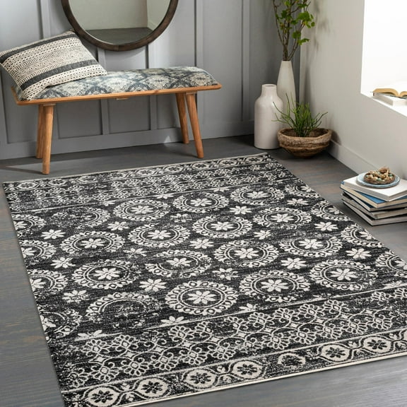 Mark&Day Washable Rugs, 5x7 William Traditional Black Area Rug, Blue Beige Carpet for Living Room, Bedroom or Kitchen (5'3" x 7', Machine Washable)