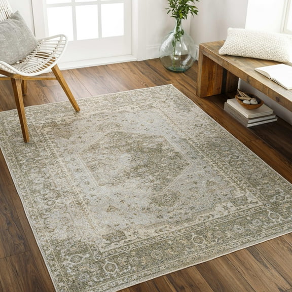 Mark&Day Washable Rugs, 7ft Round Edmond Traditional Camel Area Rug, Gray Olive Brown Carpet for Living Room, Bedroom or Kitchen (6'7" Round,Machine Washable)