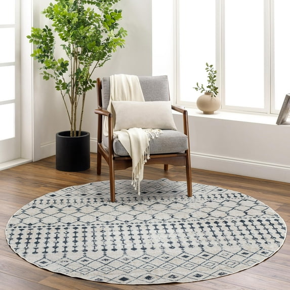 Mark&Day Washable Rugs, 7ft Round Mary Global Ink Blue Area Rug, Blue Beige Grey Carpet for Living Room, Bedroom or Kitchen (6'7" Round, Machine Washable)