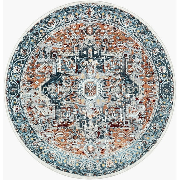 Mark&Day Washable Rugs, 7ft Round West Baden Traditional Burnt Orange Area Rug, Orange Blue Beige Carpet for Living Room, Bedroom or Kitchen (6'7" Round, Machine Washable)