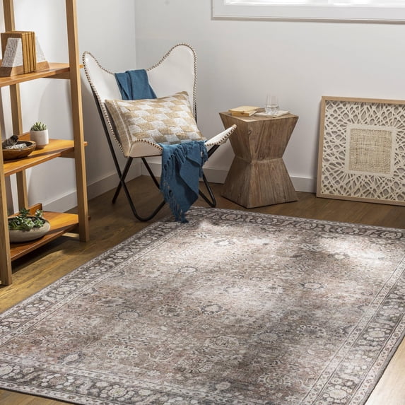 Mark&Day Washable Rugs, 6x9 Long Beach Traditional Brown Area Rug, Brown Cream Carpet for Living Room, Bedroom or Kitchen (6'7" x 9', Machine Washable)