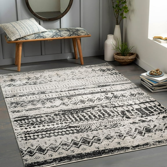 Mark&Day Washable Rugs, 6x9 Matt Global Beige Area Rug, Black Beige Carpet for Living Room, Bedroom or Kitchen (6'7" x 9', Machine Washable)