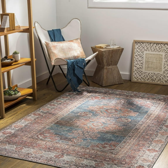 Mark&Day Washable Rugs, 6x9 McCordsville Traditional Coral Area Rug, Pink Blue Carpet for Living Room, Bedroom or Kitchen (6'7" x 9', Machine Washable)