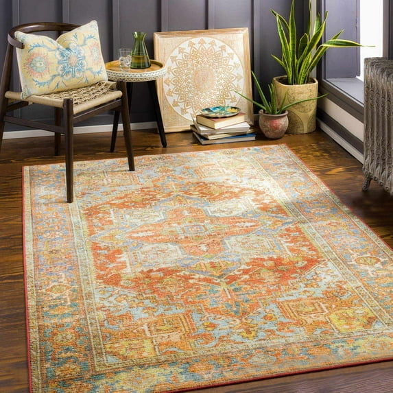 Mark&Day Washable Rugs, 6x9 Peoria Heights Traditional Burnt Orange Area Rug, Orange Beige Carpet for Living Room, Bedroom or Kitchen (6'7" x 9', Machine Washable)