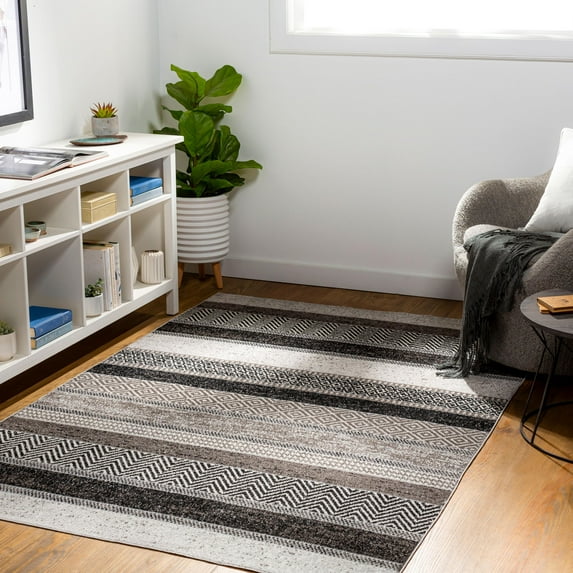 Mark&Day Washable Rugs, 6x9 Sandborn Modern Medium Gray Area Rug, Black Grey Beige Carpet for Living Room, Bedroom or Kitchen (6'7" x 9', Machine Washable)