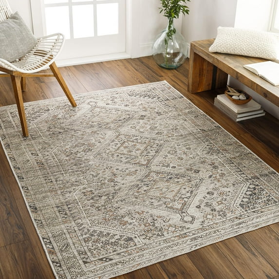 Mark&Day Washable Rugs, 6x9 Tonganoxie Traditional Light Beige Area Rug, Beige Grey Carpet for Living Room, Bedroom or Kitchen (6'7" x 9', Machine Washable)