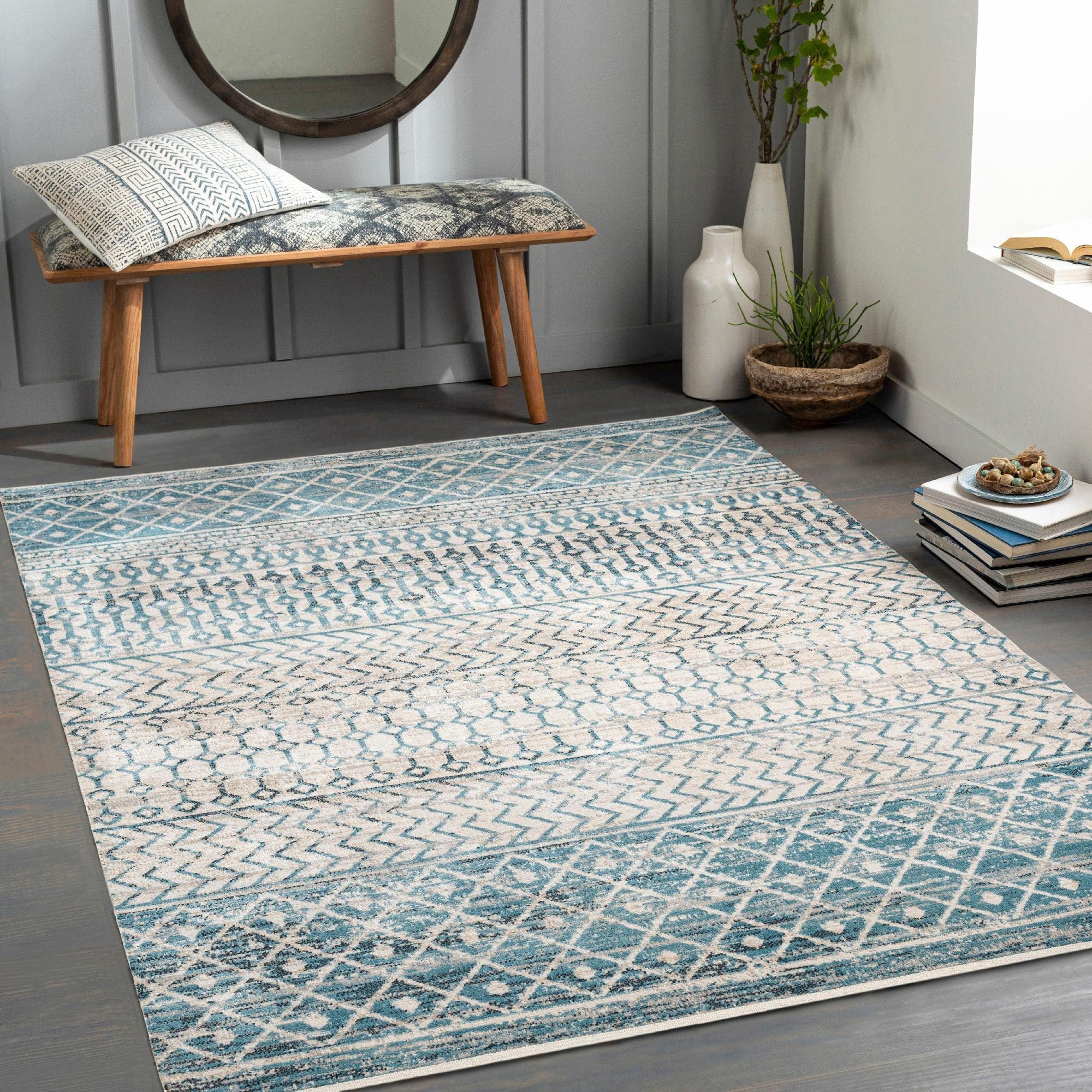 Mark&Day Washable Rugs, 6x9 West Terre Haute Global Pale Blue Area Rug ...