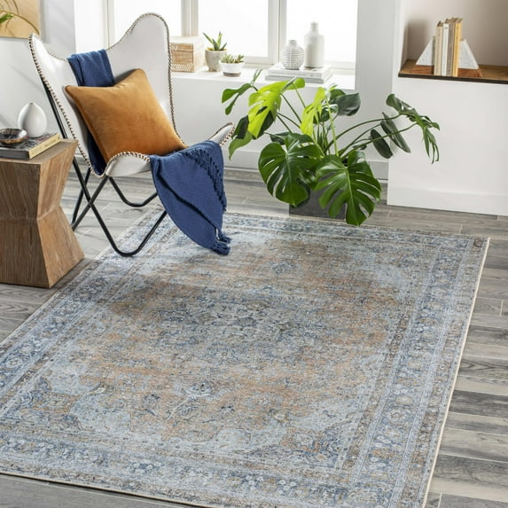 Mark&Day Washable Rugs, 7x9 Westphalia Traditional Slate Area Rug, Blue Grey Beige Carpet for Living Room, Bedroom or Kitchen (6'7" x 9', Machine Washable)