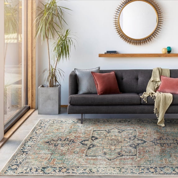 Mark&Day Washable Rugs, 8x10 Kridia Traditional Sage Area Rug, Brown Blue Green Carpet for Living Room, Bedroom or Kitchen (7'6" x 9'6", Machine Washable)