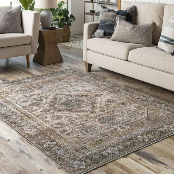 Mark&Day Washable Rugs, 7x9 Washta Traditional Taupe Area Rug, Medium Brown Tan Ice Blue Carpet for Living Room, Bedroom or Kitchen (7'6" x 9'6",Machine Washable)