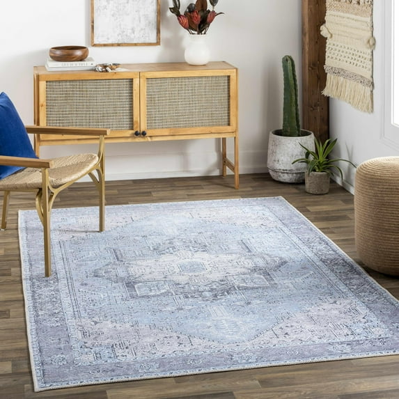 Mark&Day Washable Rugs, 9x12 Nora Traditional Sky Blue Area Rug, Blue Grey Carpet for Living Room, Bedroom or Kitchen (8'10" x 12', Machine Washable)