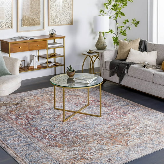 Mark&Day Washable Rugs, 9x12 Oak Grove Traditional Burnt Orange Area Rug, Orange Blue Ivory Carpet for Living Room, Bedroom or Kitchen (8'10" x 12', Machine Washable)