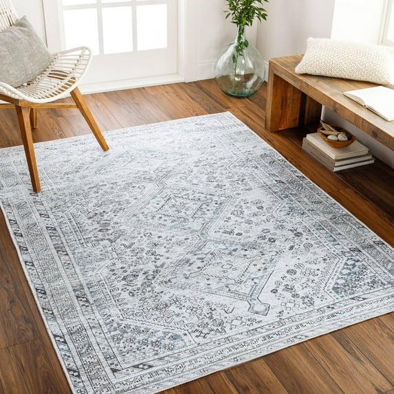 Mark&Day Washable Rugs, 9x12 Tonganoxie Traditional Ivory Area Rug, Off-White Grey Blue Carpet for Living Room, Bedroom or Kitchen (8'10" x 12', Machine Washable)